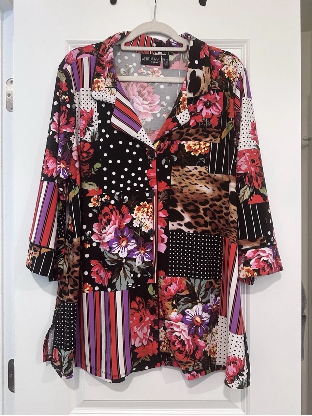 Attitudes by Renee Pink, Gray, White & Purple Mixed-Print Patchwork Button-Up 1X